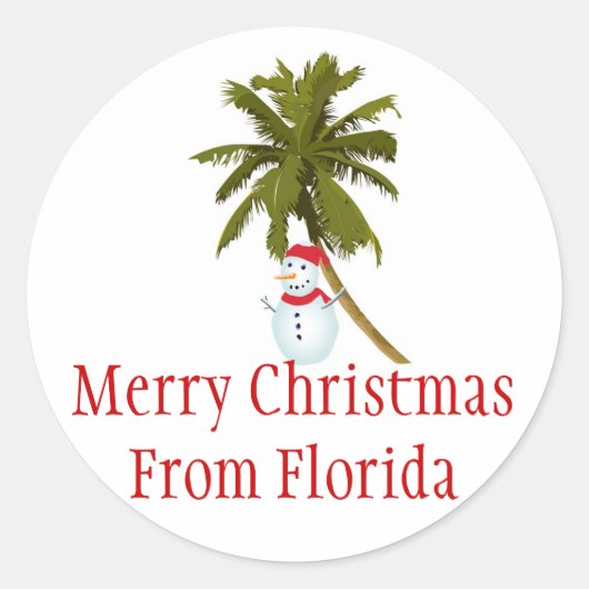 Vrolijk Florida Kerstmis, sneeuwman onder palmboom Ronde Sticker (Voorkant)