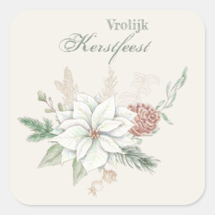 Vrolijk frak White Poinsettia en Pine Cone Vierkante Sticker