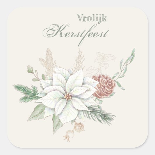 Vrolijk frak White Poinsettia en Pine Cone Vierkante Sticker (Voorkant)