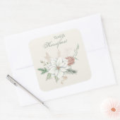 Vrolijk frak White Poinsettia en Pine Cone Vierkante Sticker (Envelop)