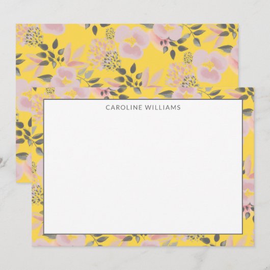 Vrolijk geel en roze bloemenpatroon met naam notitiekaartje (Voorkant / Achterkant)