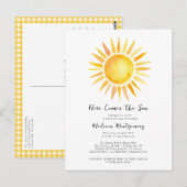 Vrolijk geel hier komt het zoon Baby shower Briefkaart (Voorkant / Achterkant)