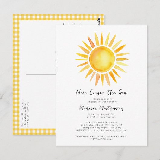 Vrolijk geel hier komt het zoon Baby shower Briefkaart (Voorkant / Achterkant)