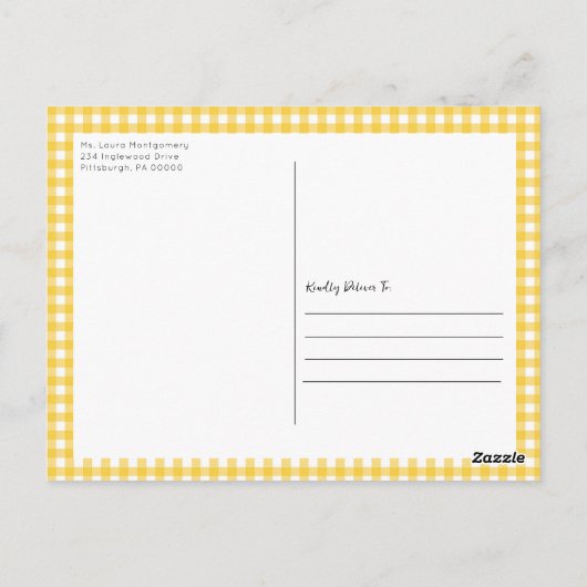 Vrolijk geel hier komt het zoon Baby shower Briefkaart (Achterkant)