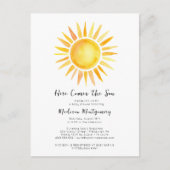 Vrolijk geel hier komt het zoon Baby shower Briefkaart (Voorkant)