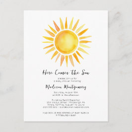 Vrolijk geel hier komt het zoon Baby shower Briefkaart