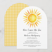 Vrolijk geel hier komt het zoon Baby shower Kaart (Voorkant / Achterkant)