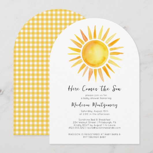 Vrolijk geel hier komt het zoon Baby shower Kaart (Voorkant / Achterkant)