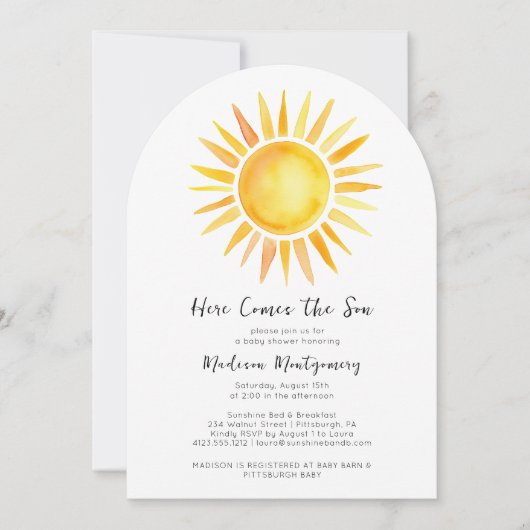 Vrolijk geel hier komt het zoon Baby shower Kaart (Voorkant)