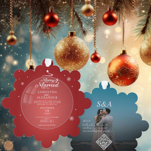 Vrolijk Getrouwd Foto Moderne Kerstster Bruiloft Ornament Kaart