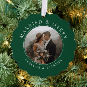 Vrolijk getrouwd groen bruiloft foto kerst ornament kaart