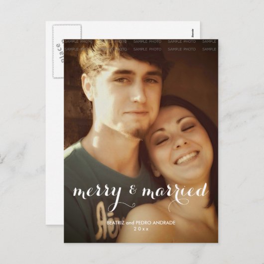 Vrolijk Getrouwd Kerstfoto White Script Vakantie Feestdagenkaart (Voorkant / Achterkant)