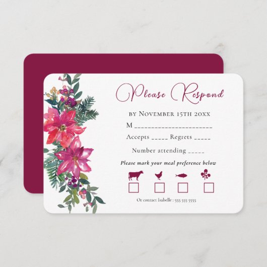 Vrolijk getrouwd Kerstmis bruiloft roze bloemen RSVP Kaartje (Voorkant / Achterkant)
