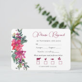 Vrolijk getrouwd Kerstmis bruiloft roze bloemen RSVP Kaartje (Staand voorkant)