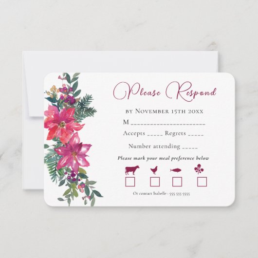 Vrolijk getrouwd Kerstmis bruiloft roze bloemen RSVP Kaartje (Voorkant)