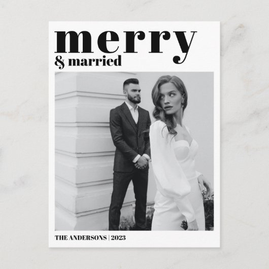 Vrolijk & getrouwd Kerstmis Moderne foto Zwart Wit Feestdagenkaart (Voorkant)