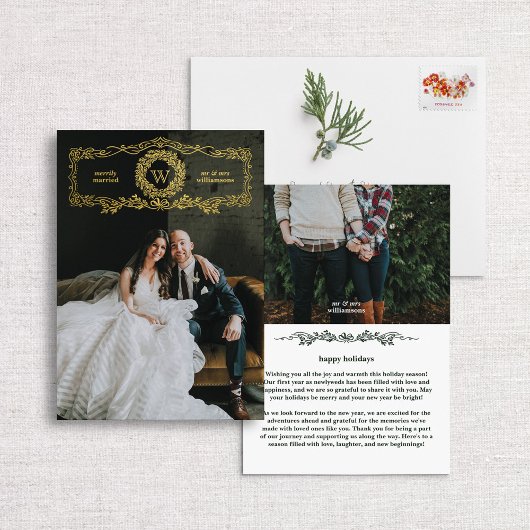 Vrolijk getrouwd Monogram Krans Folie Feestdagenkaart