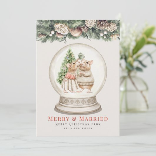 Vrolijk & getrouwd Muis Paar Kerstmis Sneeuw Grobe Feestdagenkaart (Staand voorkant)