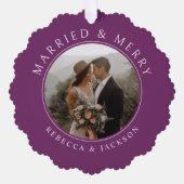 Vrolijk getrouwd Paarse bruiloft foto Kerstmis Ornament Kaart (Voorkant)