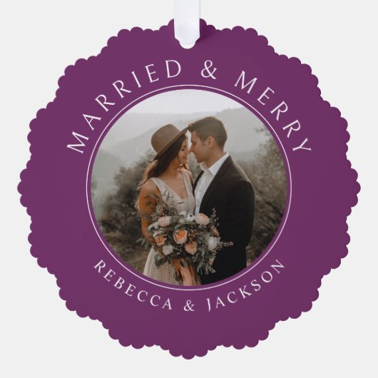 Vrolijk getrouwd Paarse bruiloft foto Kerstmis Ornament Kaart (Voorkant)