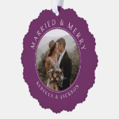 Vrolijk getrouwd Paarse bruiloft foto Kerstmis Ornament Kaart (Links)