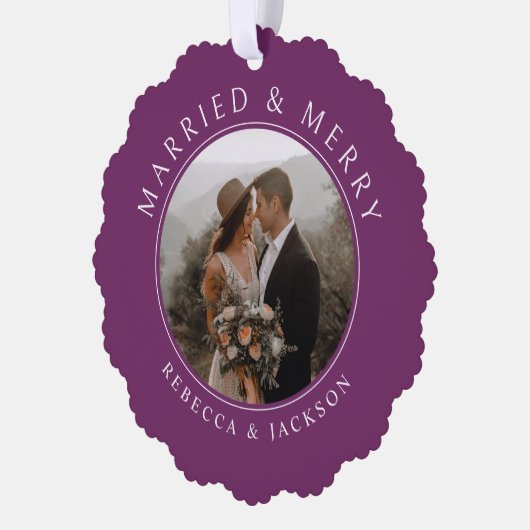 Vrolijk getrouwd Paarse bruiloft foto Kerstmis Ornament Kaart (Links)