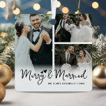 Vrolijk & Getrouwd Pas getrouwd Keepsake Christmas Metalen Ornament<br><div class="desc">Minimalistisch nieuw getrouwd aandenken ornament met 3 aangepaste foto's van uw trouwdag,  het schattige gezegde 'vrolijk & getrouwd',  uw familienaam,  en het jaar.</div>