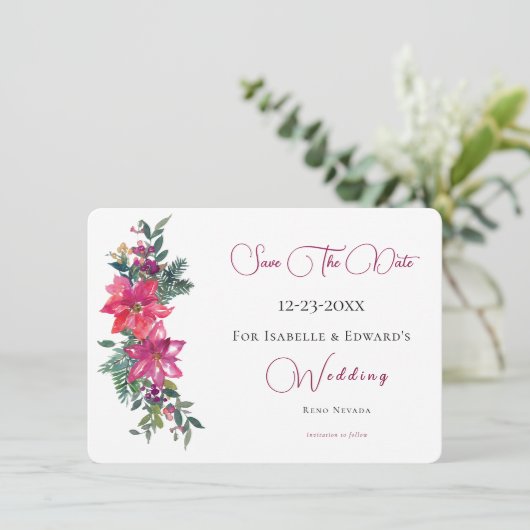 Vrolijk getrouwd roze kerst bloemenbruiloft save the date (Staand voorkant)