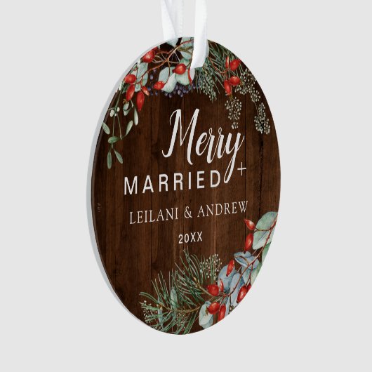 Vrolijk getrouwd rustiek hout bessen blad ornament (voorkant)