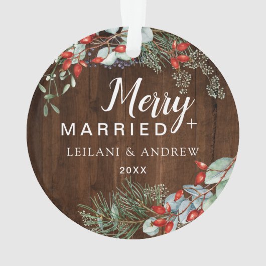 Vrolijk getrouwd rustiek hout bessen blad ornament (achterkant)