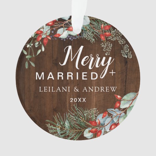 Vrolijk getrouwd rustiek hout bessen blad ornament (voorkant)