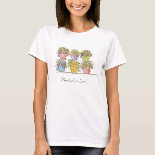 Vrolijk geworteld in de liefde Bloemenmarkt T-shirt (Voorkant)