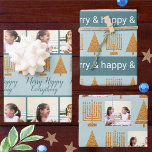 Vrolijk Goud Blauw Kerstmis Chanoeka Foto Inpakpapier Vel<br><div class="desc">Creëer uw eigen assortiment vakantiefoto inpakpapier vellen met dit leuke maar toch elegante faux gold en blue Merry Happy Everything thema. Dit variëteitspakket van aangepaste interreligieuze feestgeschenkverpakking bevat twee vellen met uw foto's en één vel met een pastelblauw, donkerblauw en wit typografisch gevoel in afwisselende strepen met rijen gouden Chanoeka...</div>