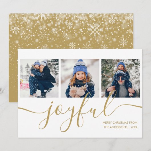 Vrolijk Goud Script 3 Foto Kerstmis Feestdagenkaart (Voorkant / Achterkant)