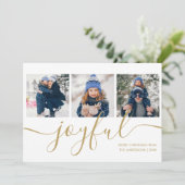Vrolijk Goud Script 3 Foto Kerstmis Feestdagenkaart (Staand voorkant)