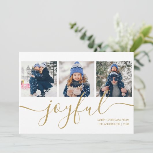 Vrolijk Goud Script 3 Foto Kerstmis Feestdagenkaart (Staand voorkant)