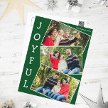 Vrolijk groen 3 familie foto collage Kerstmis Feestdagenkaart<br><div class="desc">Modern groen kerstfotocollage briefkaart met 3 familiefoto's in een leuk overlappend momentopnamepatroon met witte rand en het woord Joyful verticaal langs de zijkant geschreven. Vind uw drie favoriete afbeeldingen voor deze leuke familie vakantie briefkaarten.</div>