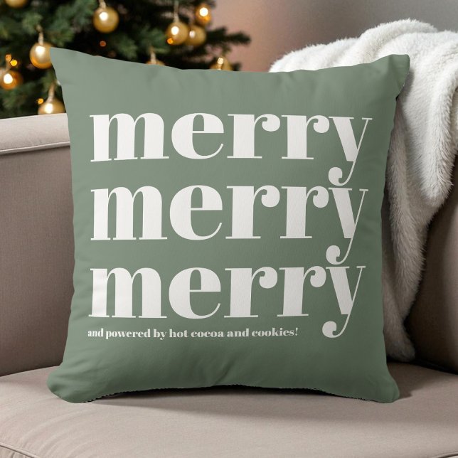 Vrolijk Groen Wit Typografie Leuk Retro Kerstmis Kussen (Merry Green White Typography Fun Retro Christmas Throw Pillow)