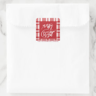 Vrolijk & helder Achternaam Red Plaid Vierkante Sticker