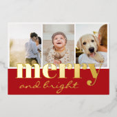 Vrolijk helder drie foto rood wit Kerstmis Folie Feestdagenkaart (Voorkant)
