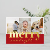 Vrolijk helder drie foto rood wit Kerstmis Folie Feestdagenkaart (Staand Voorkant)