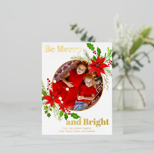 Vrolijk & Helder Kerstfeest Poinsettia Foto Goud Folie Feestdagen Briefkaart (Staand Voorkant)