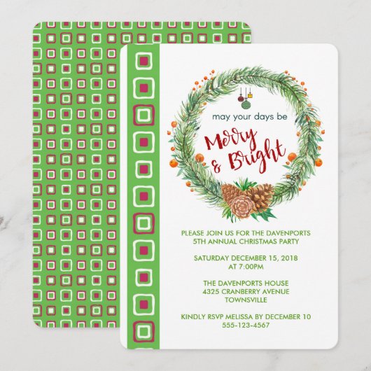 Vrolijk & Helder Kerstmis krans Feest Uitnodigen Kaart (Voorkant / Achterkant)