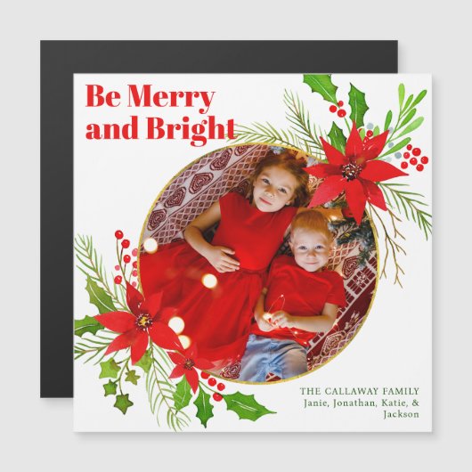 Vrolijk & Helder Kerstmis Poinsettia Foto Magneet (Voorkant / Achterkant)