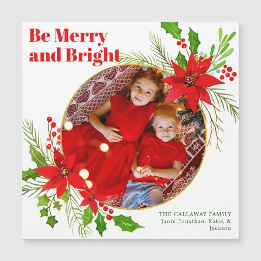 Vrolijk & Helder Kerstmis Poinsettia Foto Magneet (Voorkant)