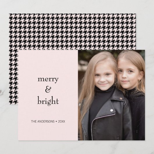 Vrolijk & Helder Kerstmis Roze en Zwart Foto Feestdagenkaart (Voorkant / Achterkant)