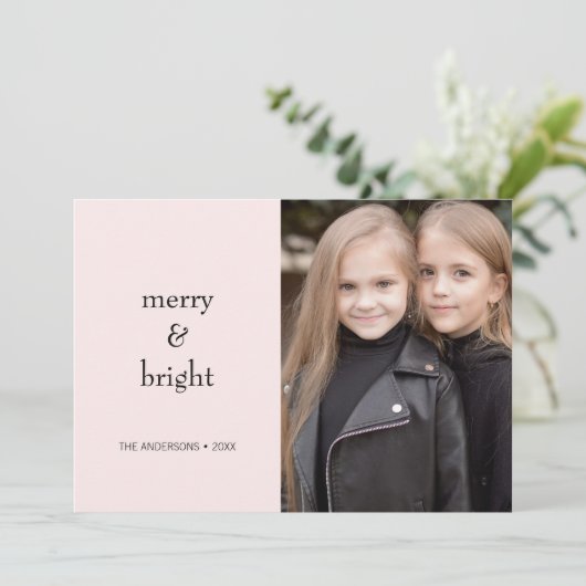 Vrolijk & Helder Kerstmis Roze en Zwart Foto Feestdagenkaart (Staand voorkant)