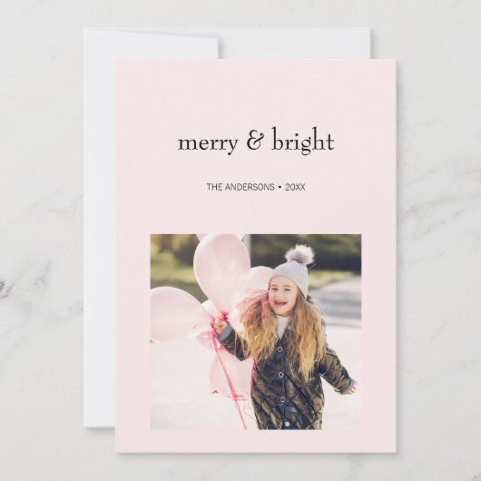 Vrolijk & Helder Kerstmis Roze en Zwart Foto Feestdagenkaart (Voorkant)