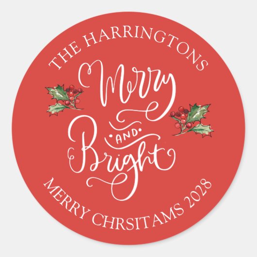 Vrolijk helder kerstrood gepersonaliseerd feest ronde sticker (Voorkant)
