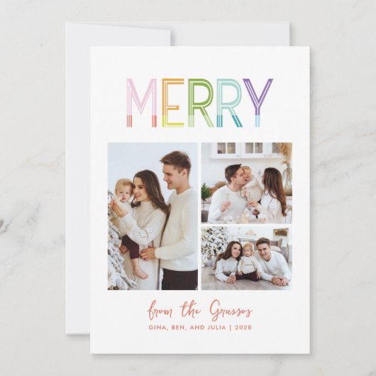 Vrolijk helder kleurrijk plezier drie foto kerst feestdagenkaart (Voorkant)